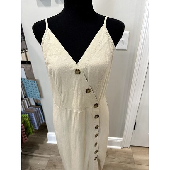 New Look Linen Blend Strappy Midi Dress Neutral Beige Buttons - Size XL - Picture 9 of 11